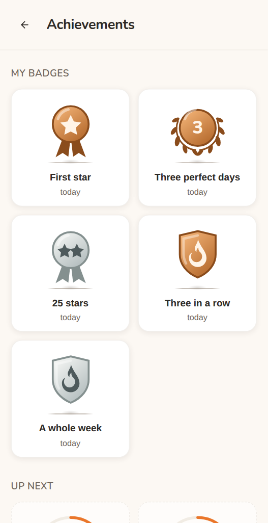 The Achievements screen in Moguchi: badges for a first star, 25 stars, three days in a row, a whole week and three perfect days, with the ones still to come below.