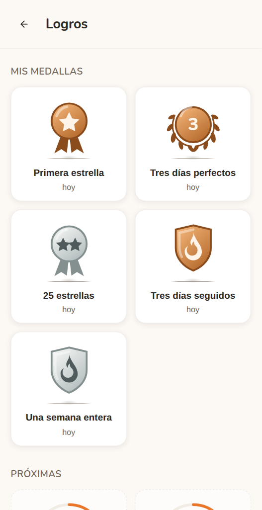 La pantalla Logros en Moguchi: medallas por la primera estrella, 25 estrellas, tres días seguidos, una semana entera y tres días perfectos, y debajo las próximas.