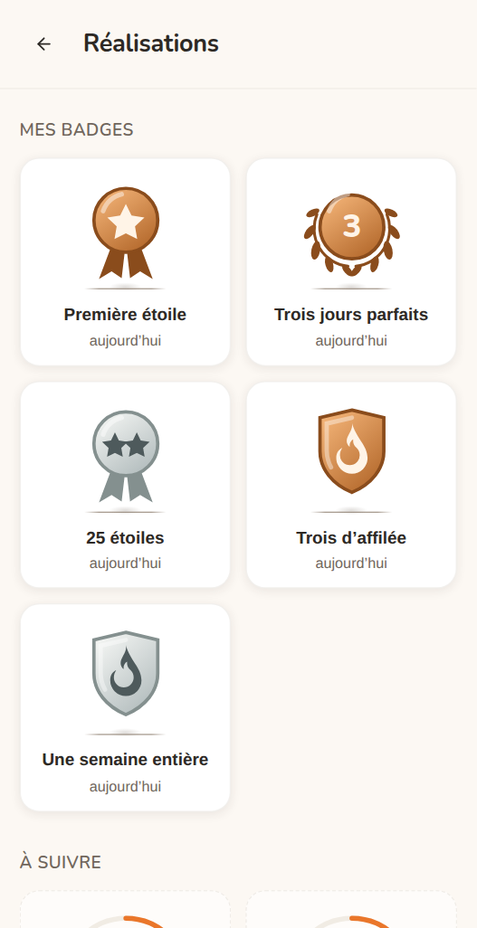 L’écran Réalisations de Moguchi : des badges pour la première étoile, 25 étoiles, trois jours d’affilée, une semaine entière et trois jours parfaits, et en dessous ceux qui restent à venir.