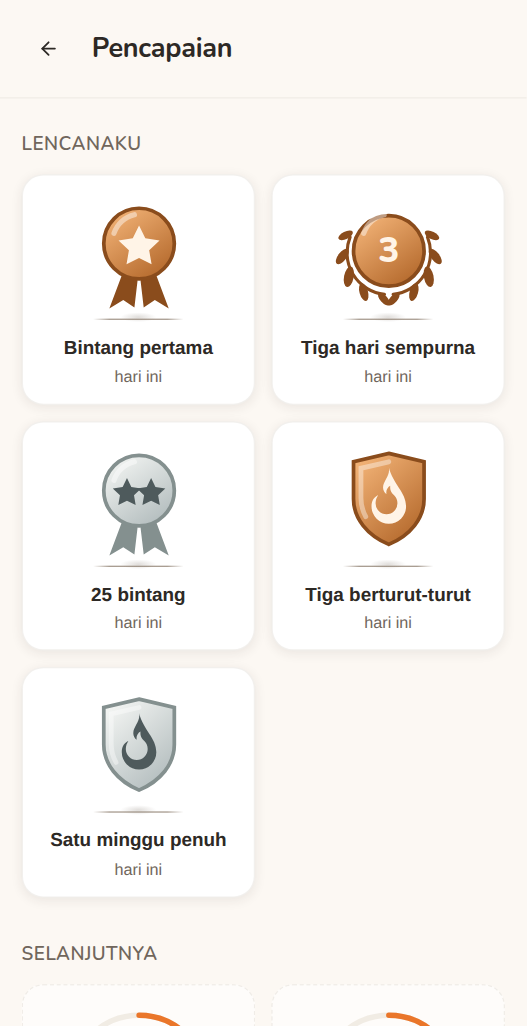 Layar Pencapaian di Moguchi: lencana untuk bintang pertama, 25 bintang, tiga hari berturut-turut, satu minggu penuh, dan tiga hari sempurna, dengan yang berikutnya di bawahnya.