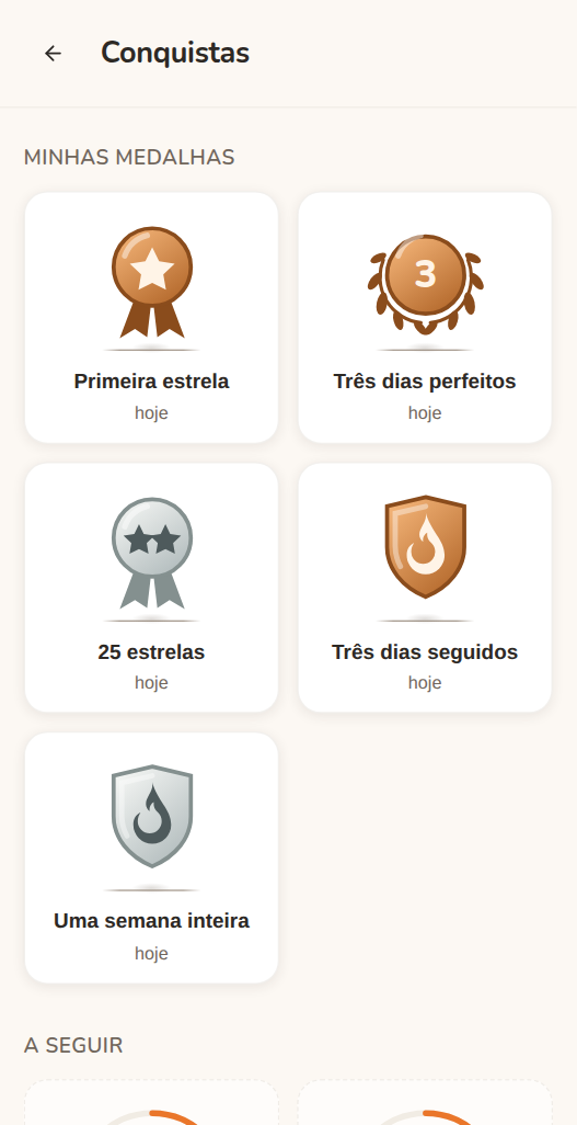 A tela Conquistas no Moguchi: medalhas pela primeira estrela, 25 estrelas, três dias seguidos, uma semana inteira e três dias perfeitos, e abaixo as próximas.