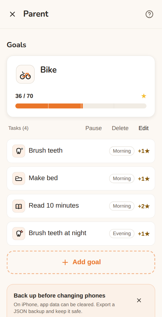The parent screen in Moguchi: the “Bike” goal at 36 of 70 stars and its four tasks, each with the time of day and the stars it is worth — brush teeth, make bed, read 10 minutes, brush teeth at night.