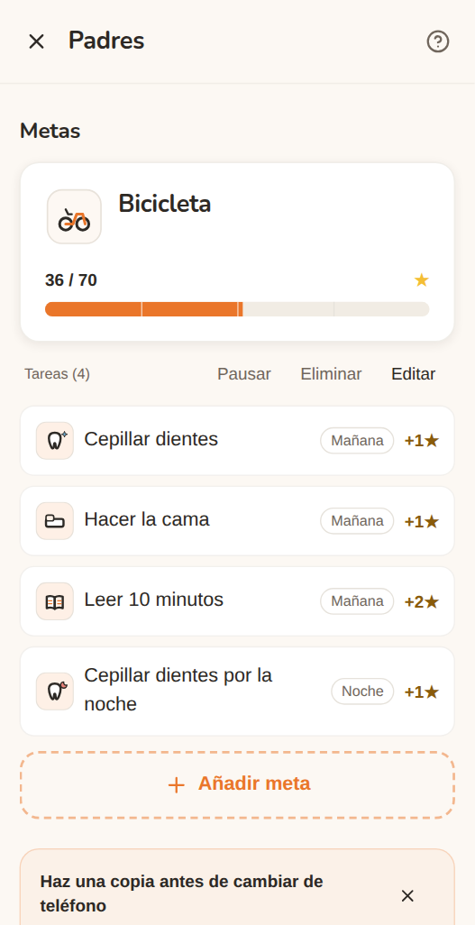 La pantalla de Padres en Moguchi: la meta «Bicicleta» con 36 de 70 estrellas y sus cuatro tareas, cada una con el momento del día y las estrellas que vale — lavarse los dientes, hacer la cama, leer 10 minutos, lavarse los dientes por la noche.