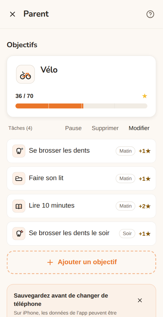 L’écran Parent de Moguchi : l’objectif « Vélo » à 36 étoiles sur 70 et ses quatre tâches, chacune avec le moment de la journée et le nombre d’étoiles qu’elle vaut — se brosser les dents, faire son lit, lire 10 minutes, se brosser les dents le soir.