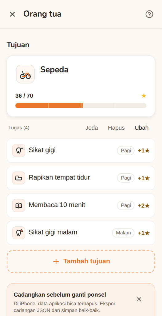Layar orang tua di Moguchi: tujuan “Sepeda” dengan 36 dari 70 bintang dan empat tugasnya, masing-masing dengan waktu hari dan jumlah bintangnya — menyikat gigi, merapikan tempat tidur, membaca 10 menit, menyikat gigi malam.
