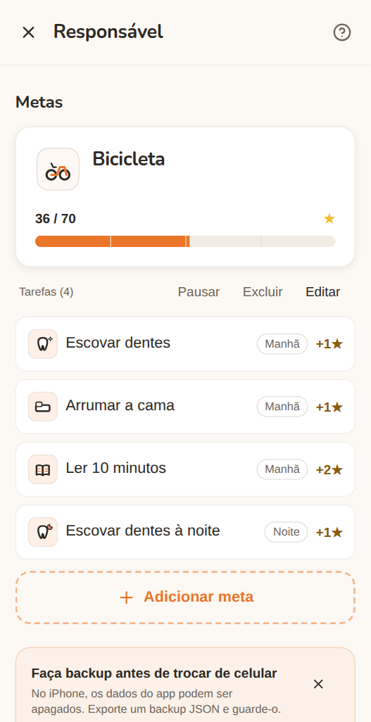 A tela do responsável no Moguchi: a meta “Bicicleta” com 36 de 70 estrelas e as quatro tarefas dela, cada uma com o período do dia e quantas estrelas vale — escovar os dentes, arrumar a cama, ler 10 minutos, escovar os dentes à noite.