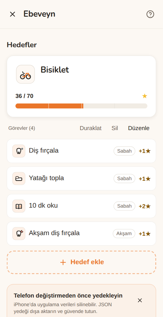 Moguchi’de ebeveyn ekranı: 70 yıldızın 36’sında “Bisiklet” hedefi ve ona bağlı dört görev — her birinde günün hangi bölümü olduğu ve kaç yıldız ettiği: diş fırçalama, yatak toplama, 10 dakika okuma, akşam diş fırçalama.