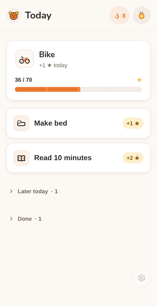 The Today screen in Moguchi: a “Bike” goal with a progress bar at 36 of 70 stars, and the day’s tasks — brush teeth, make bed, read 10 minutes.