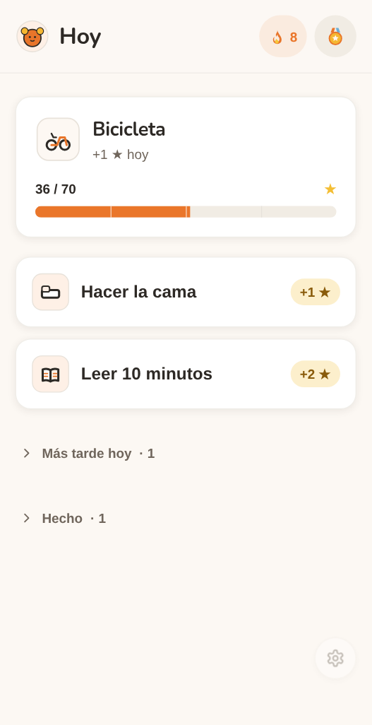 La pantalla Hoy de Moguchi: una meta «Bicicleta» con la barra de progreso en 36 de 70 estrellas y las tareas del día — lavarse los dientes, hacer la cama, leer 10 minutos.