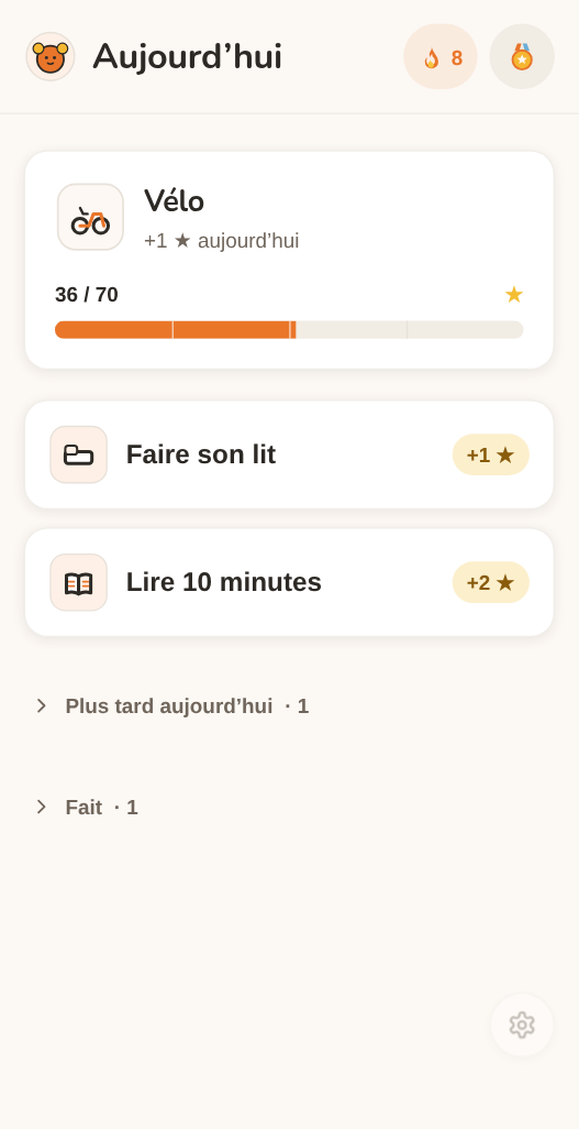 L’écran Aujourd’hui de Moguchi : un objectif « Vélo » avec la barre de progression à 36 étoiles sur 70, et les tâches du jour — se brosser les dents, faire son lit, lire 10 minutes.