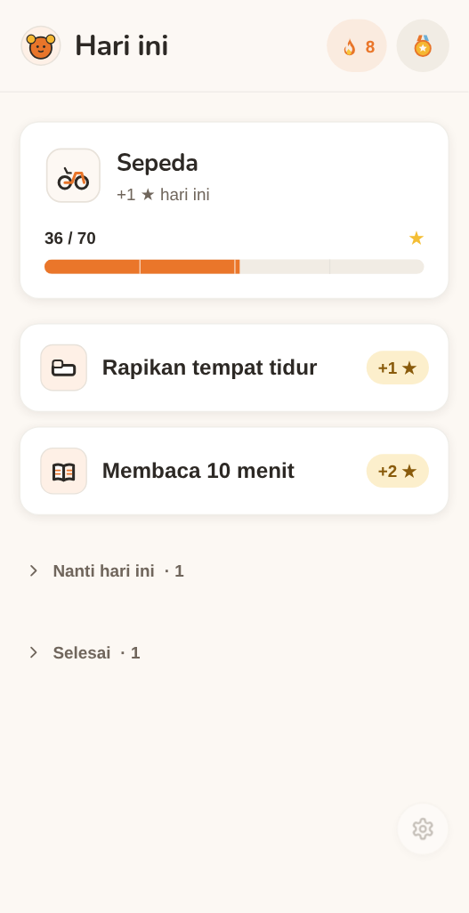 Layar Hari Ini di Moguchi: tujuan “Sepeda” dengan bilah kemajuan 36 dari 70 bintang, dan tugas hari itu — menyikat gigi, merapikan tempat tidur, membaca 10 menit.