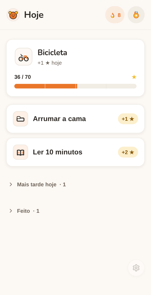 A tela Hoje do Moguchi: uma meta “Bicicleta” com a barra de progresso em 36 de 70 estrelas e as tarefas do dia — escovar os dentes, arrumar a cama, ler 10 minutos.