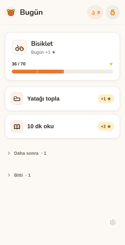 Moguchi’de Bugün ekranı: 70 yıldızın 36’sında ilerleme çubuğuyla “Bisiklet” hedefi ve günün görevleri — diş fırçalama, yatak toplama, 10 dakika okuma.